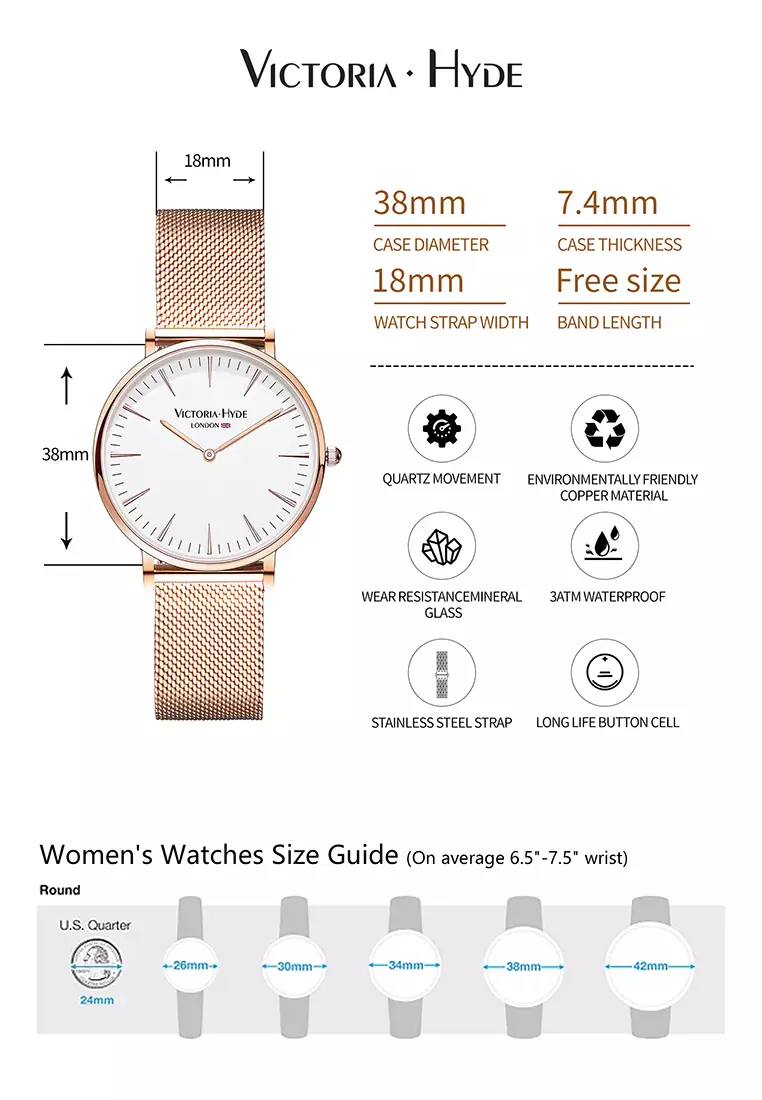 中性休闲表 男女通用 現代風格 38mm白色圓形表盤不鏽鋼網狀表帶-玫瑰金