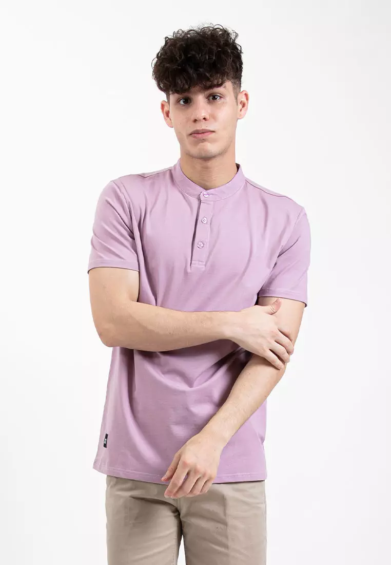 Forest Premium Weight Cotton Stretchable Mandarin Collar T Shirt Men Slim Fit Tee | 23856-76SmokePurple