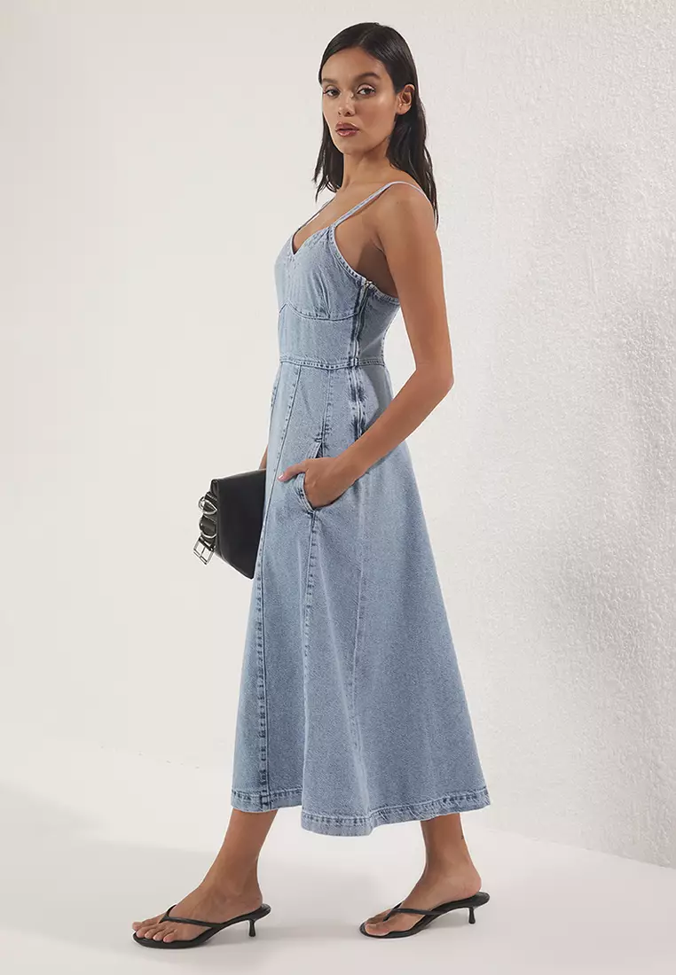 Light Blue V-Neck Strap Midi Denim Dress Twoss25El00737