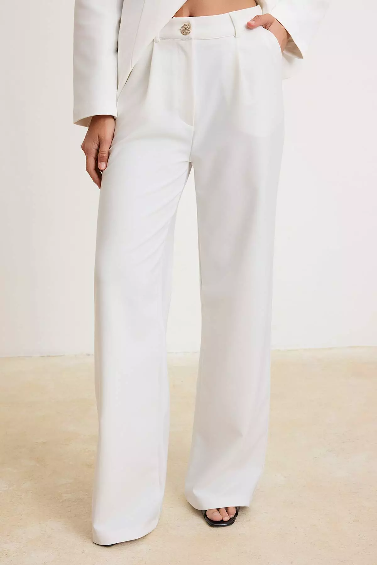 White Double-Breasted Closure Blazer Jacket Trousers Woven Bottom - Top Set Twoaw26Au00145