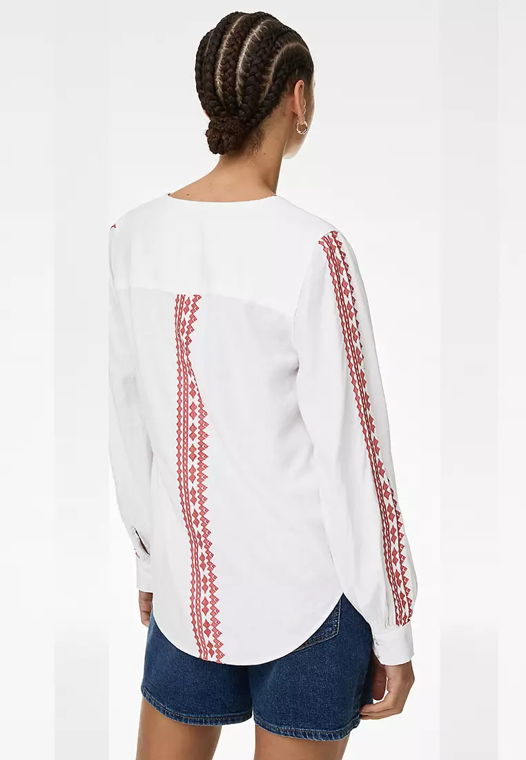 Linen Blend Embroidered Tie Neck Blouse