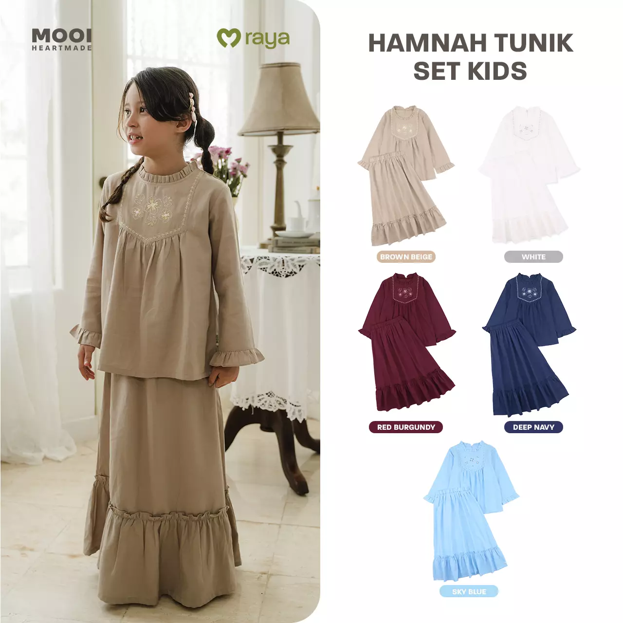 Mooi Setelan Anak Perempuan Raya Collection Hamnah Tunik Set Basic Series 2026 - White