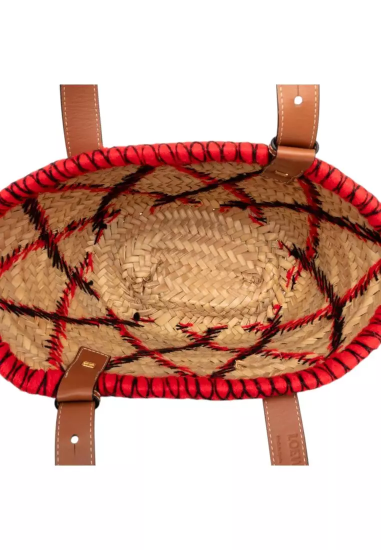 Pre-Loved Loewe Small Raffia Animal Embroidered Basket Tote