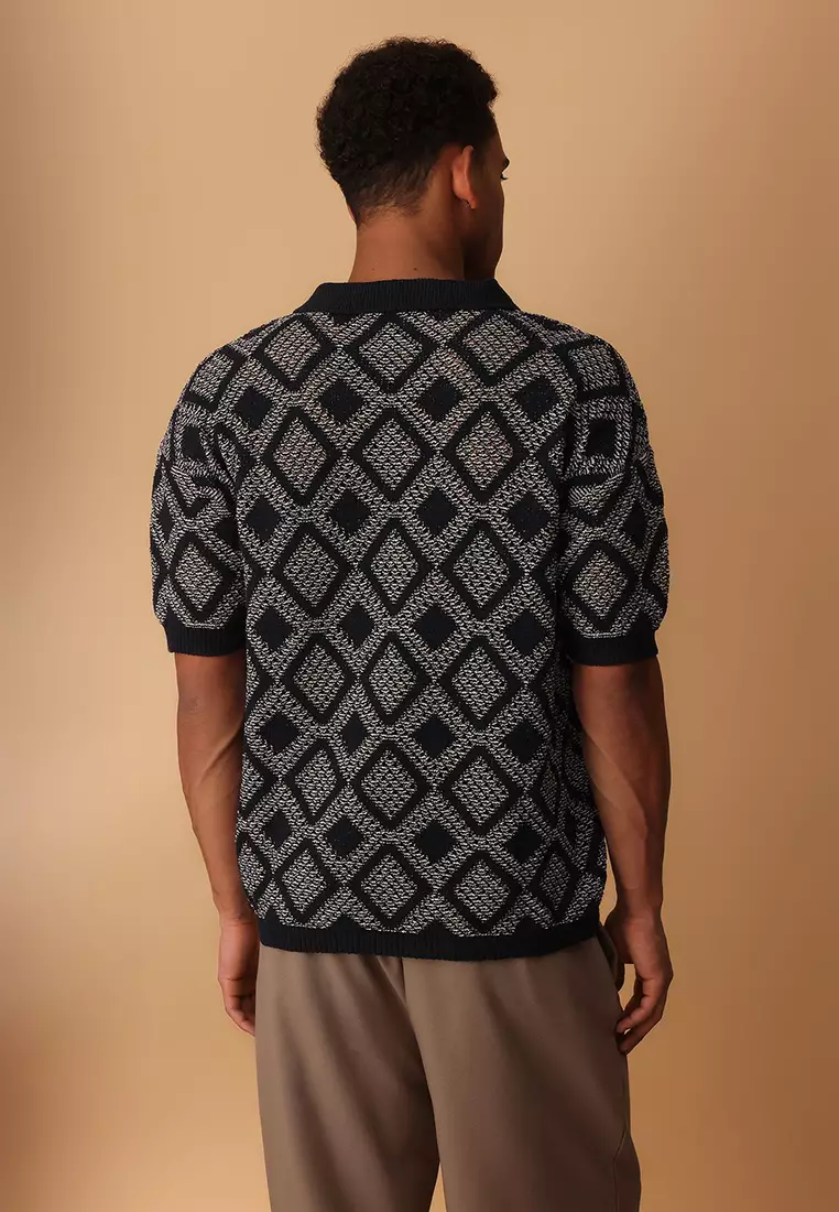 Navy Blue Oversize Fit Openwork Polo Neck Knitwear Tshirt TMNSS25PO00040
