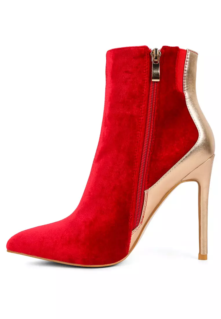 Metallic Highlight Red High Heeled Ankle Boots