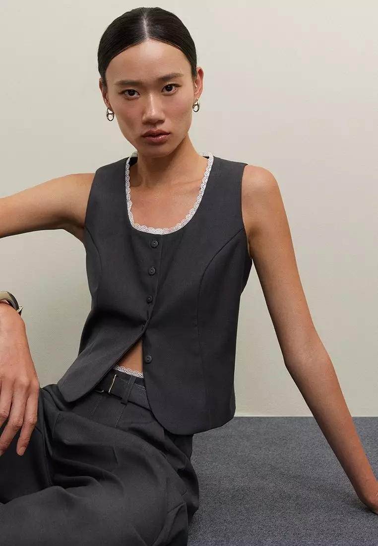 Lace Trim Vest - Mid Grey