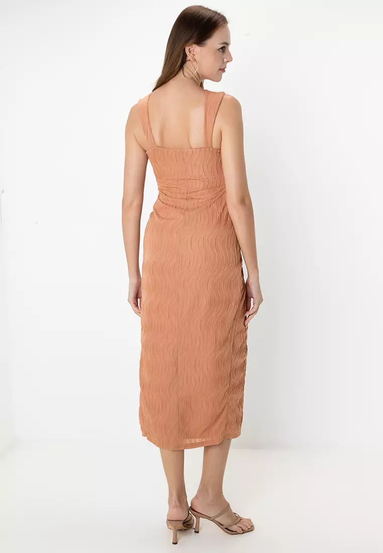 High Neck Textured Midi Pencil Dress