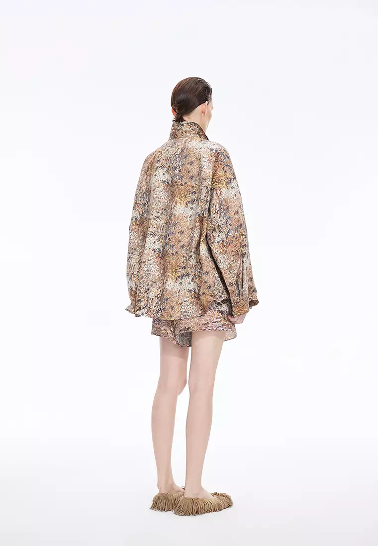 混纺图案元素阔腿卷边短裤