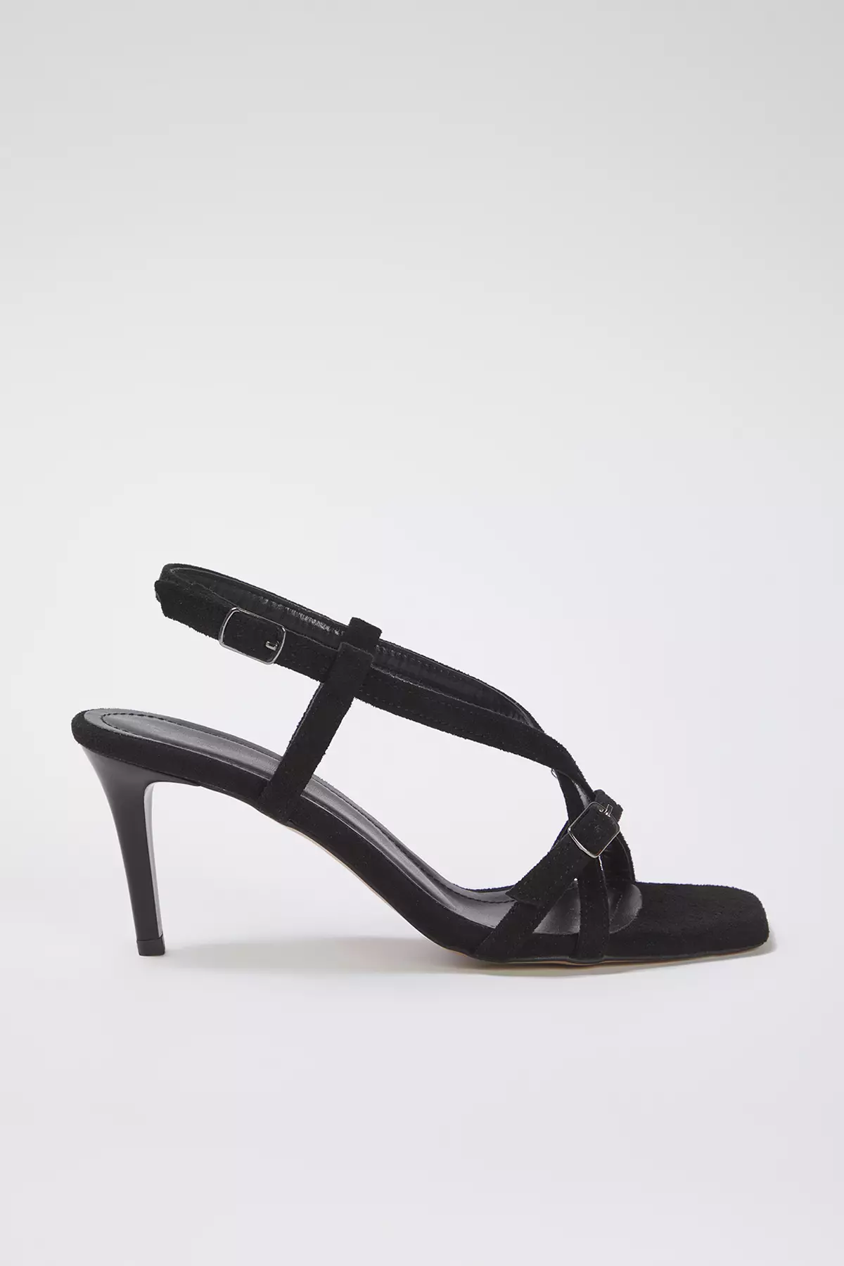 Black Suede Ankle Strap Square Toe Thin Heeled Women's Sandals Takss25To00018