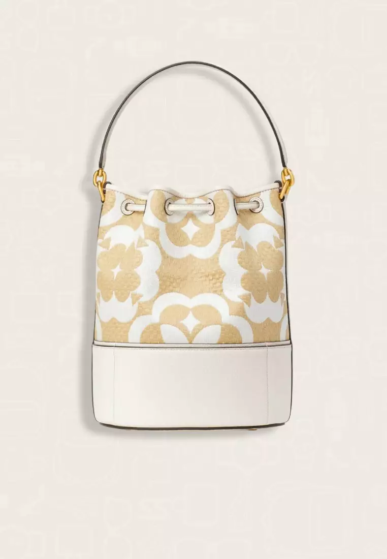 Kate Spade Spade Flower Monogram Raffia Gramercy Medium Bucket Bag Cream