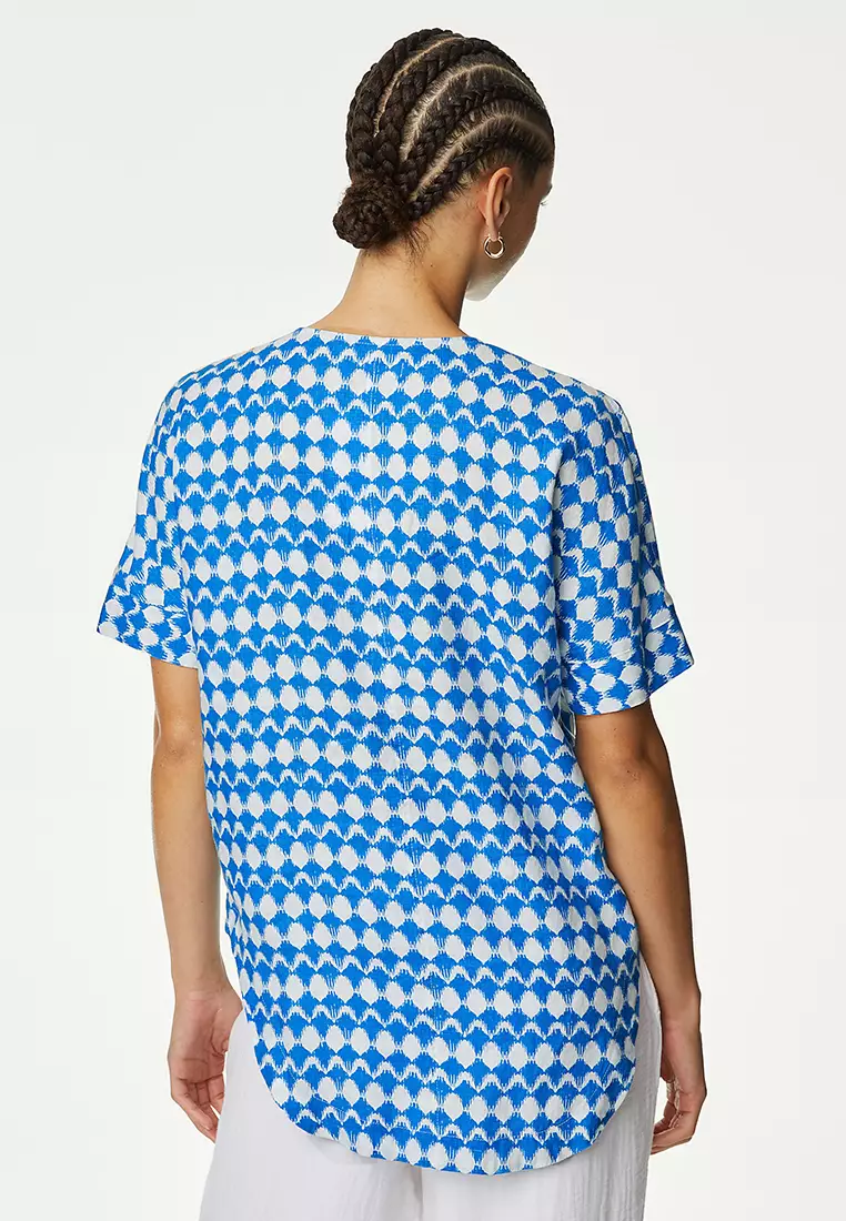 Pure Linen Printed V-Neck Popover Blouse