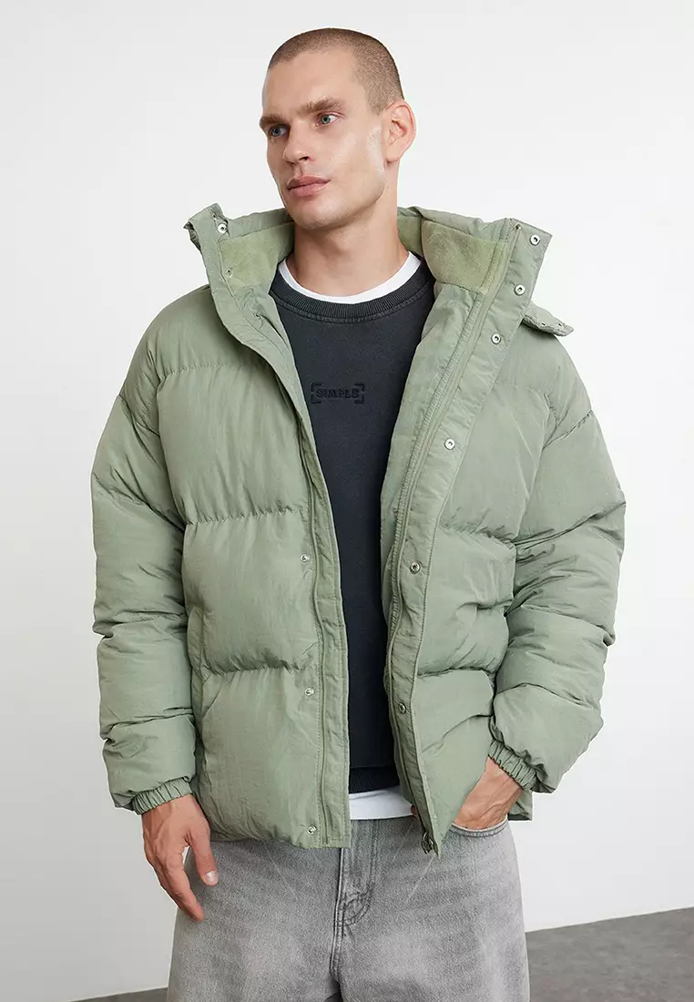 Men's Khaki Oversize Fit Hooded Taslan Winter Puffer Coat TMNAW25MO00005