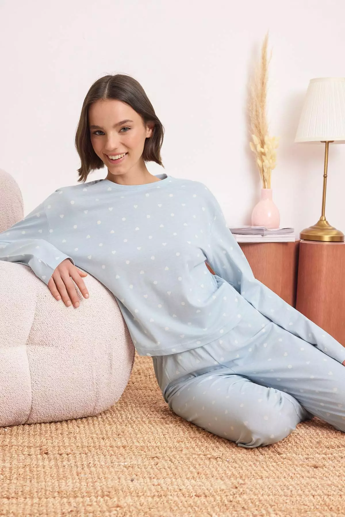 Light Blue 1% Cotton Lu Polka Dot And Heart Knitted Pajama Set Thmaw25Pt39