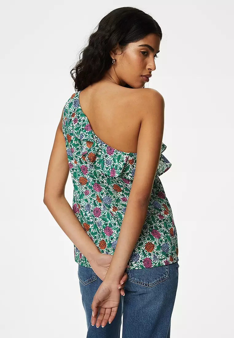 Pure Cotton Frill Detail One Shoulder Top