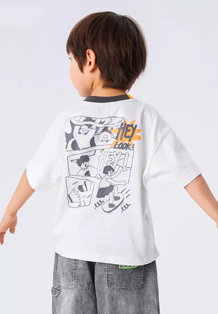 男童短袖T恤撞色圆领漫画印花棉布T恤