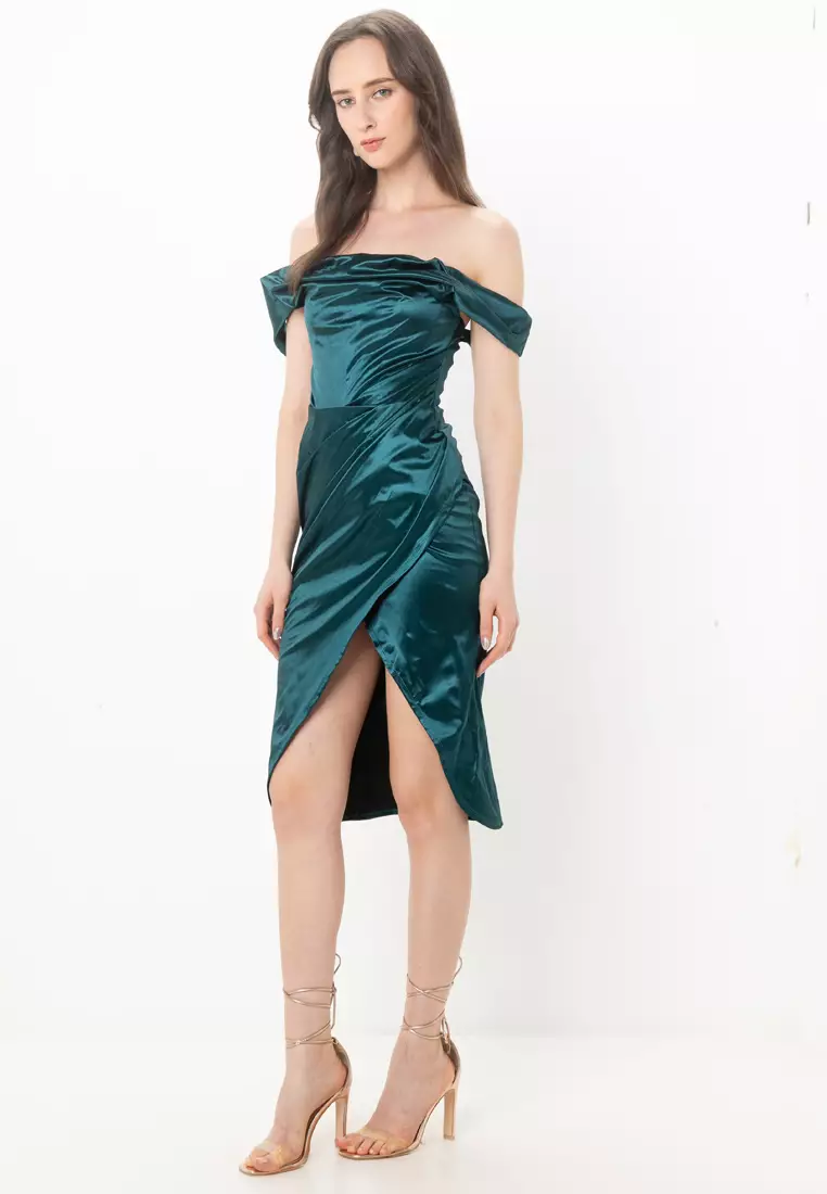 Off Shoulder Bardot Boned Tuck Midi Dress