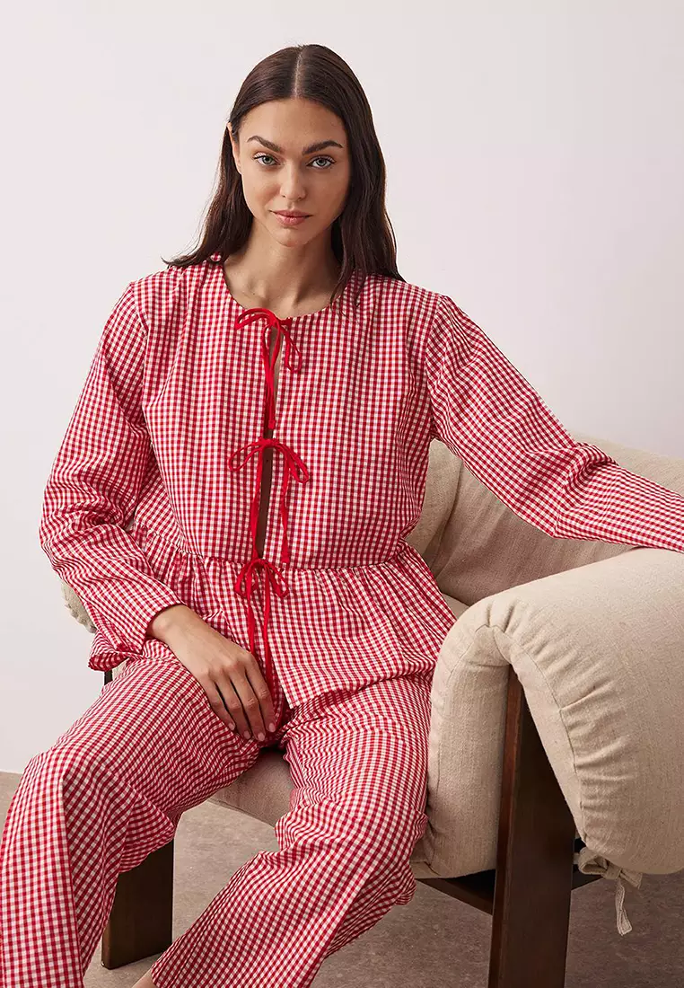 Red Plaid Tie Detail Pajama Set