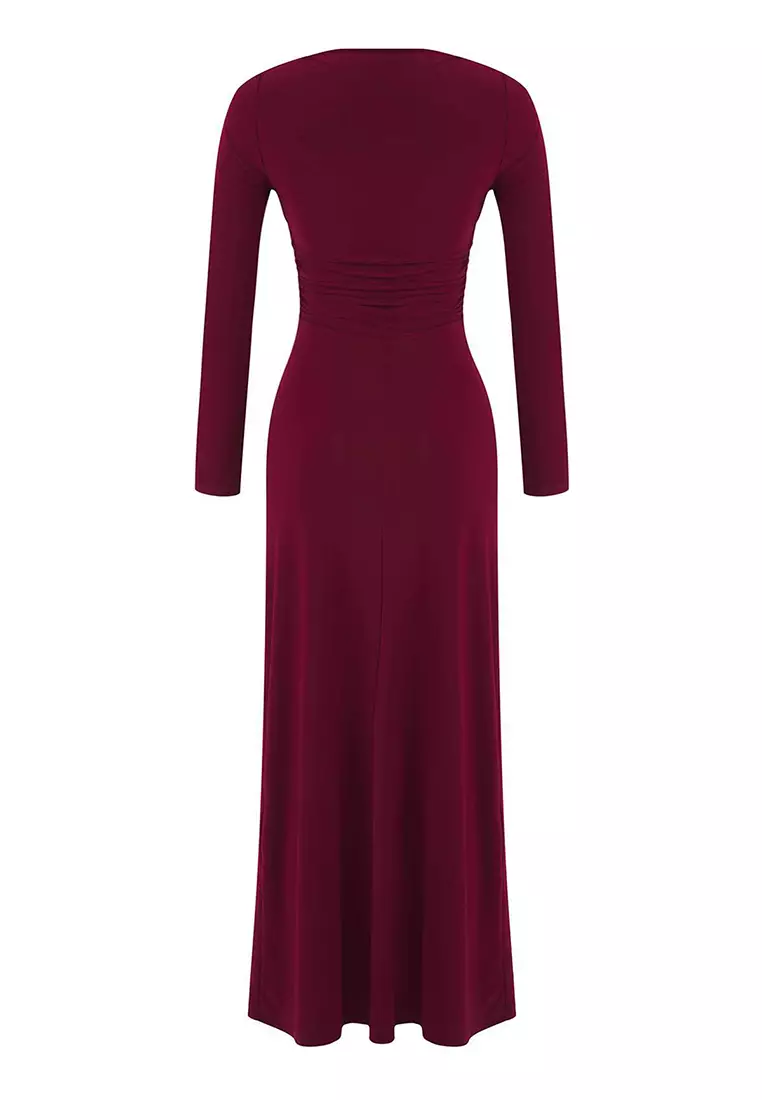 Burgundy Plain Gather Detailed Asymmetrical Hem Detailed Boat Neck Flexible Midi Knit Dress Twoaw26El00019