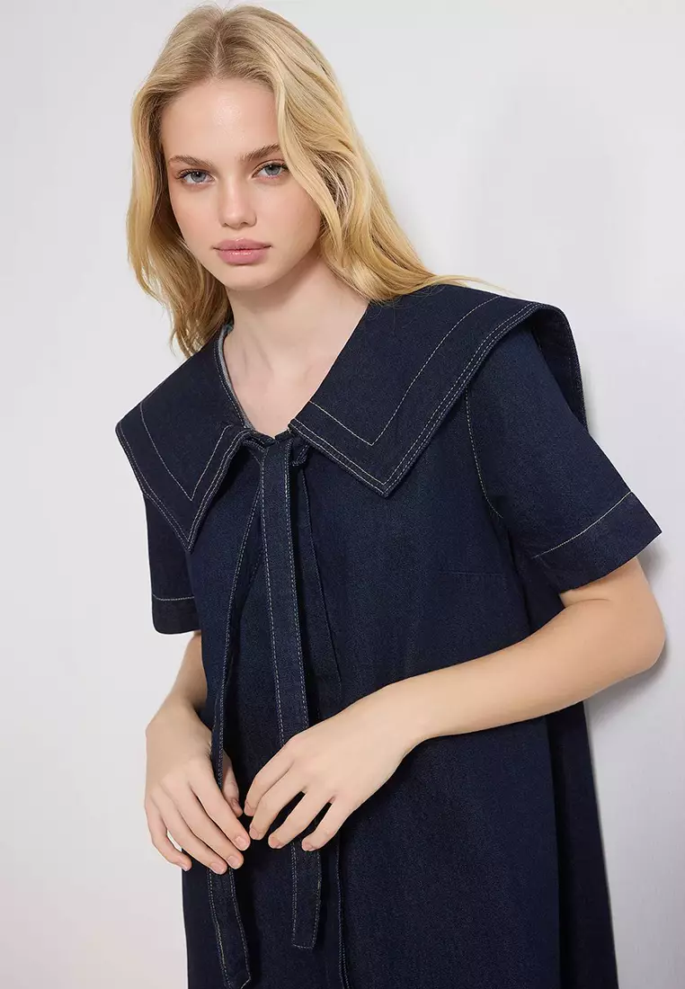 Blue Baby Collar Detailed 1% Cotton Mini Denim Dress Twoss26El41