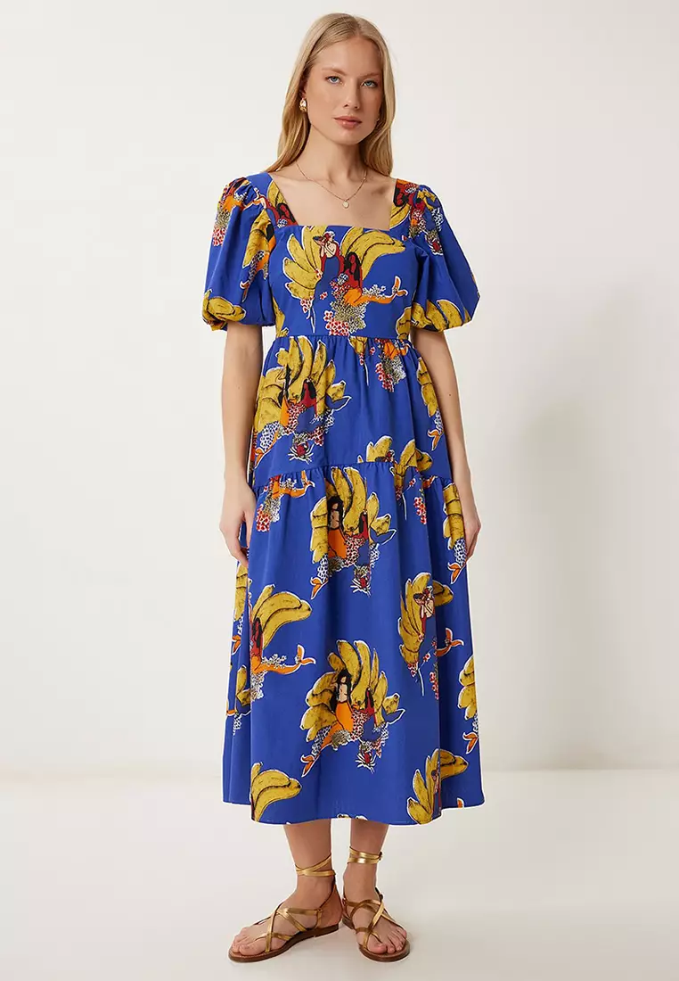 Women's Purple Yellow Patterned Summer Midi Poplin Dress Fk00017