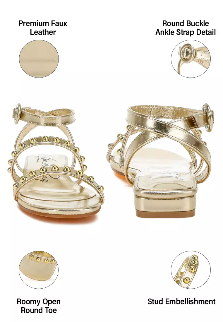 Sandal Datar Tali Pergelangan Kaki Bertabur Warna Emas