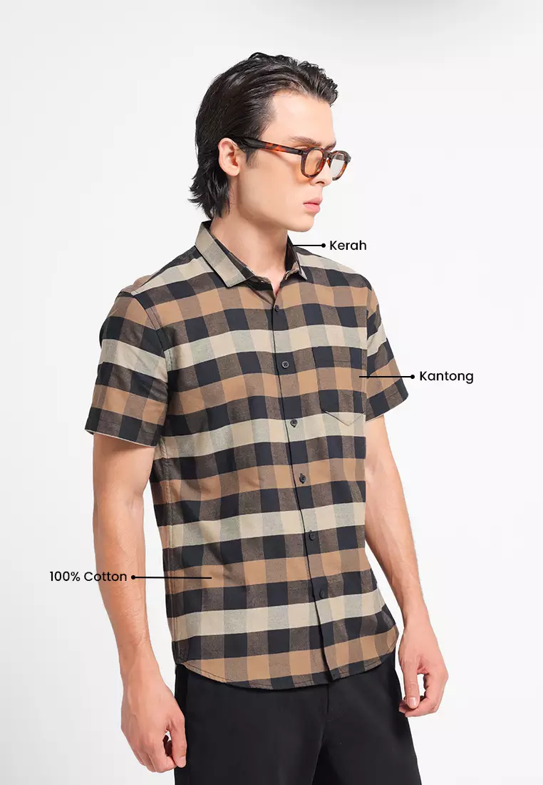MANZONE - Kemeja Oxford Lengan Pendek Pria Rodrick 02 Slim Fit - Brown