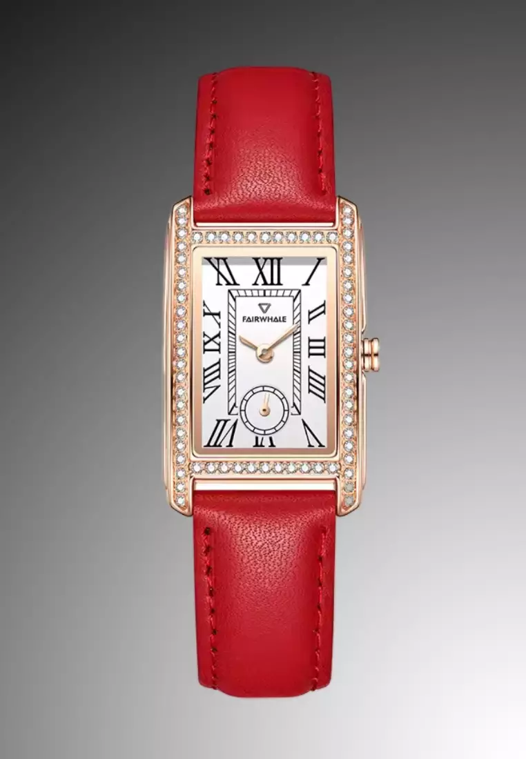 Ladies IP Rose Gold Color Stainless Steel Quartz Watch, Red Leather Strap