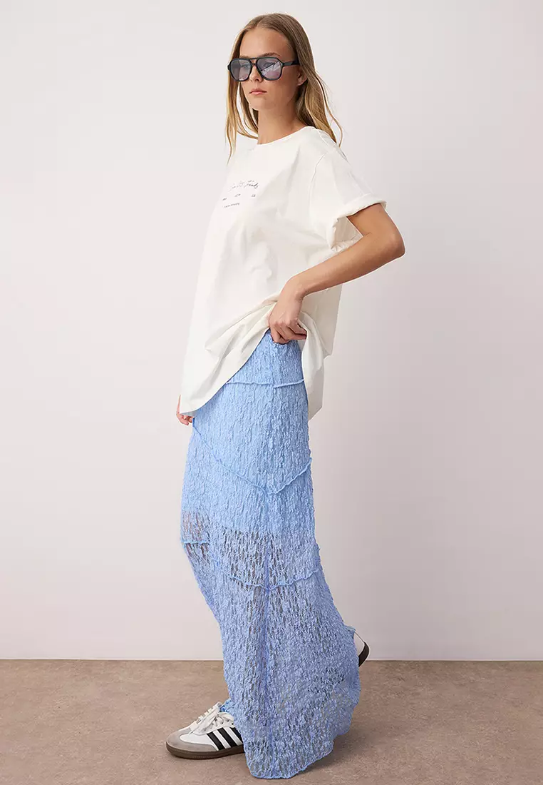 Light Blue A Line Lace Lined Maxi Skirt