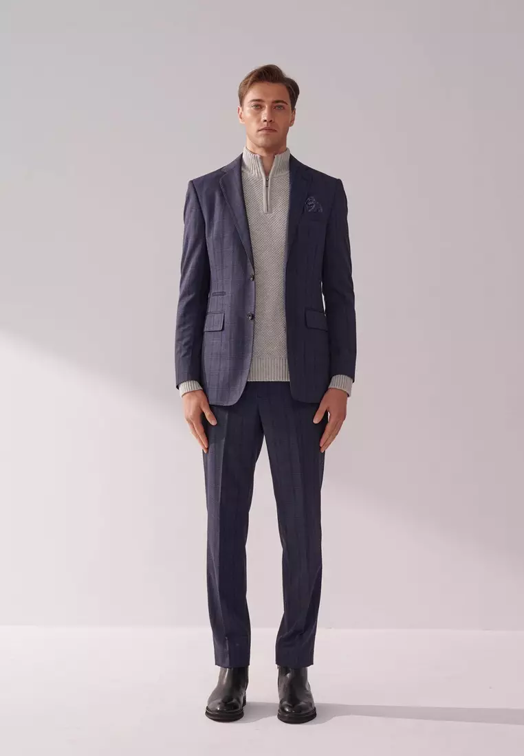 藏青格紋修身西裝外套