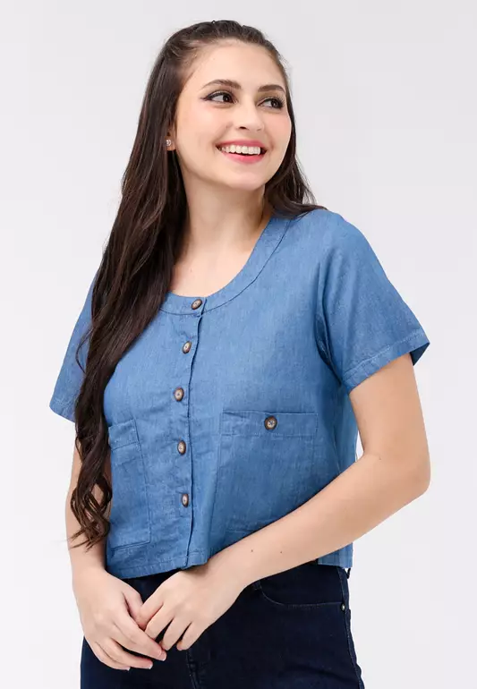 Woven Chambray Short Sleeves Blouse