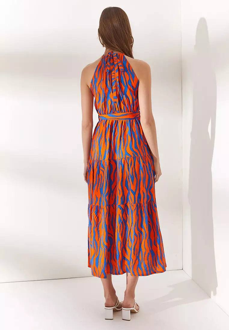 Halter Neck Belted Woven Viscose Dress