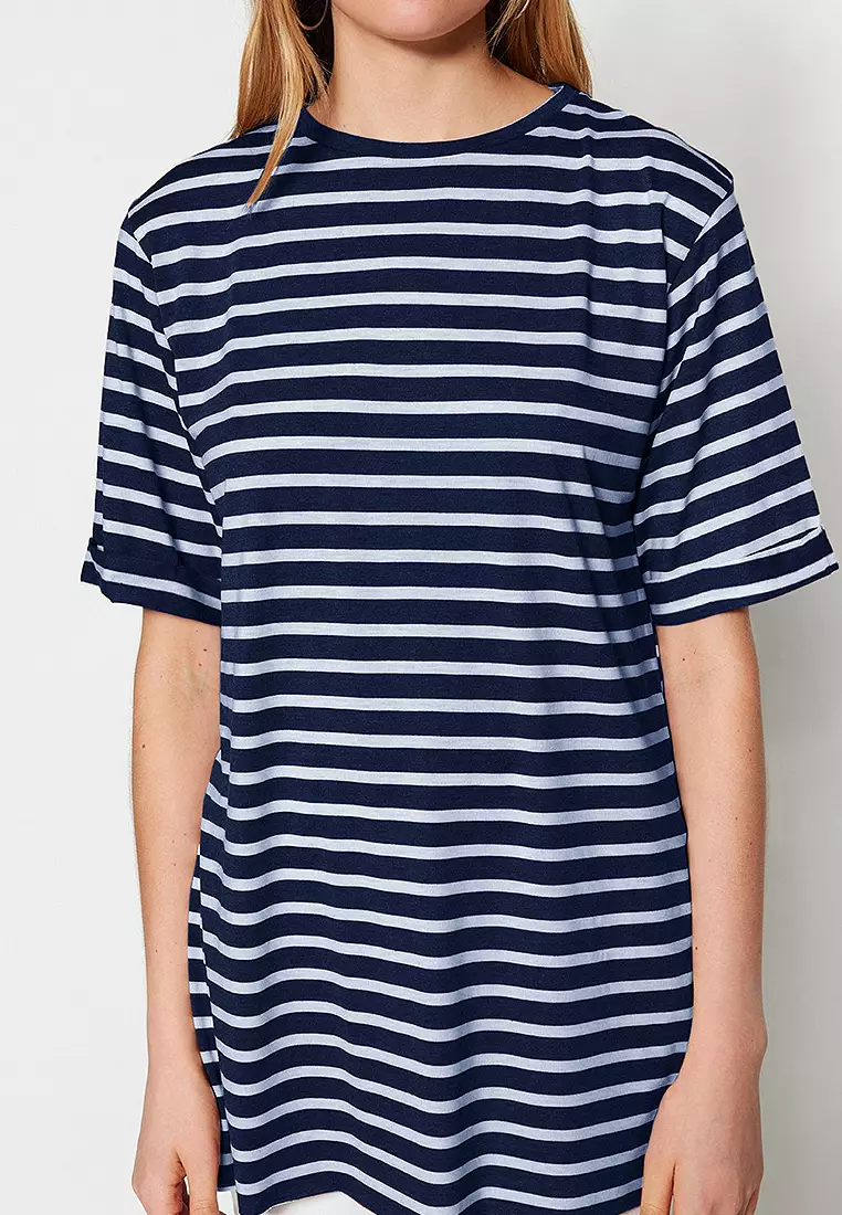 Navy Blue Striped Slit Detail Oversize/Wide Pattern Crew Neck Knitted T-Shirt