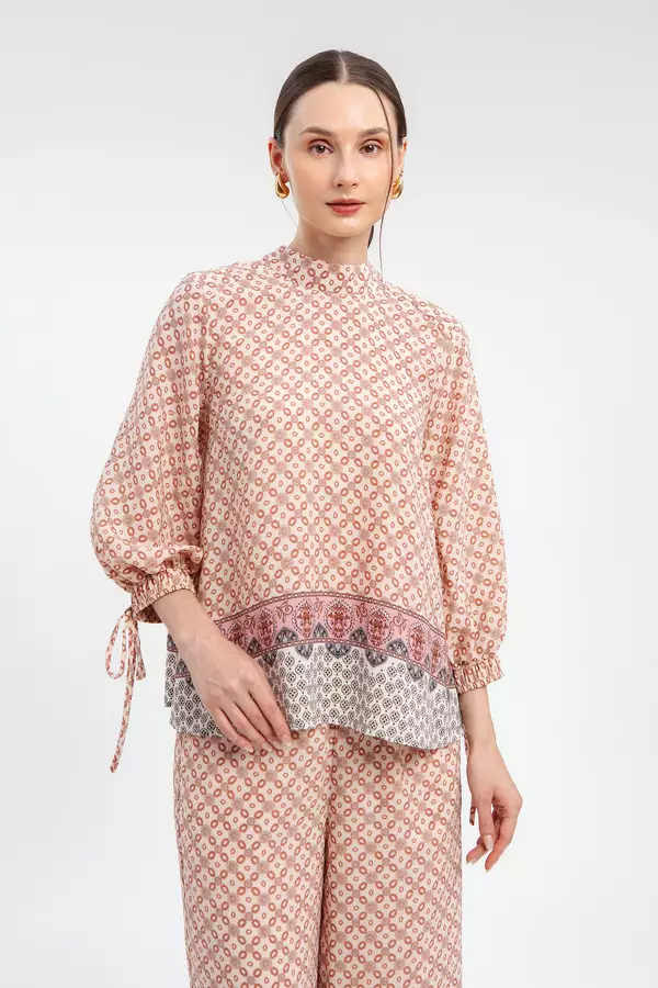 MINIMAL - Zaisa - Blus Motif Geometris Lengan Balon - Beige Warna Beige