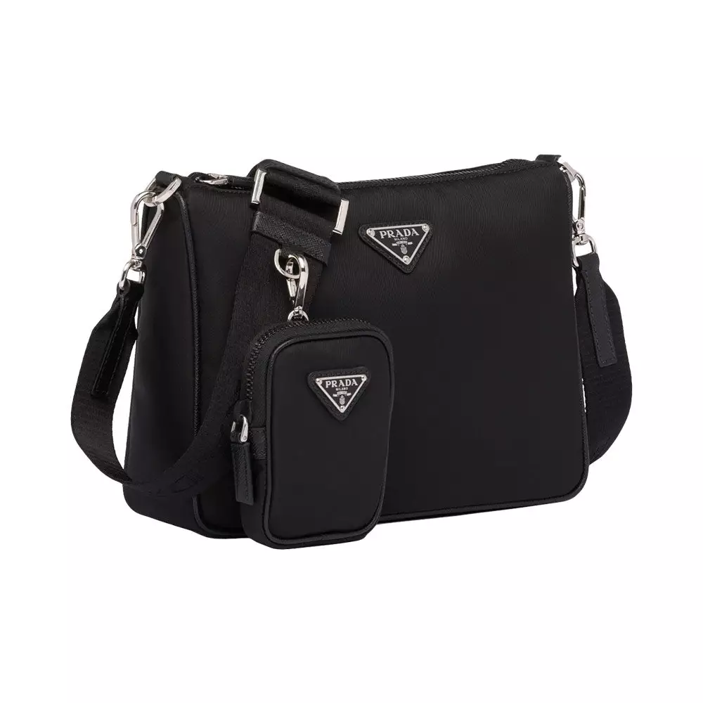 Triangular Logo Nylon and Saffiano Leather Shoulder Bag Black