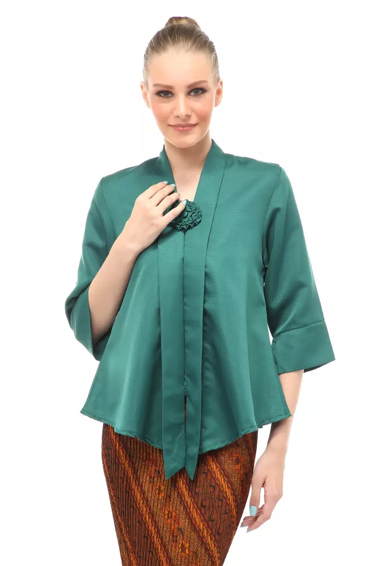 Elvia Kebaya Atasan Wanita Lengan Panjang Design Casual - Hijau Botol