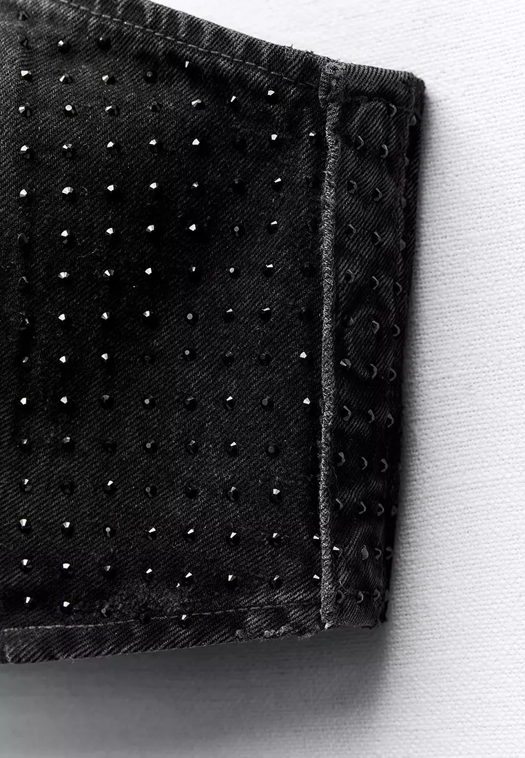 One Shoulder Rhinestone Denim Crop Top