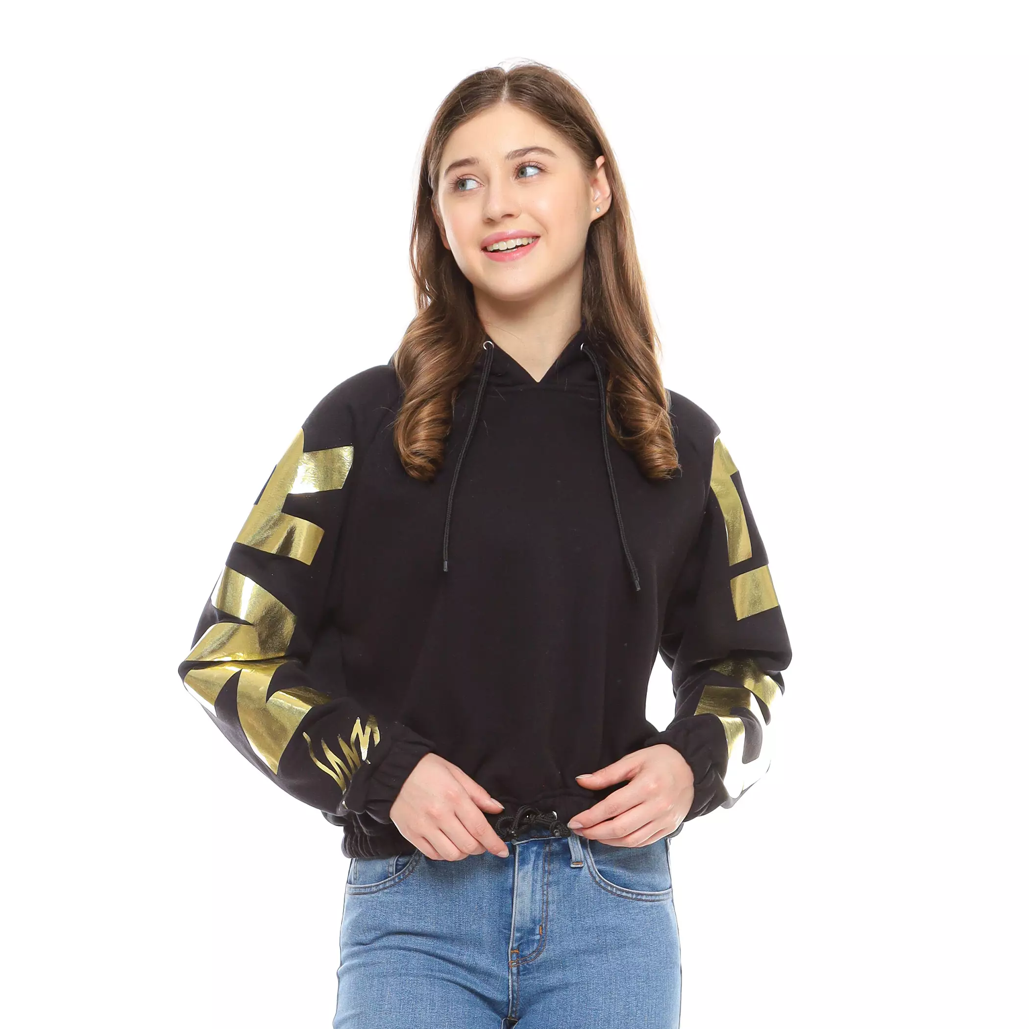 Enough For Today - Hoodie Sweater Crop Oversize Reglan Wanita Hitam Gold Millennium
