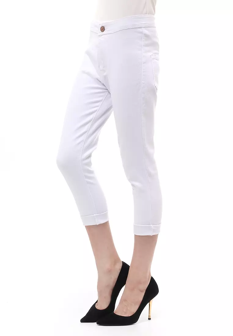 Jeans 7/9 Bawahan Wanita High Waist Design Simple Relaxed Fit - White