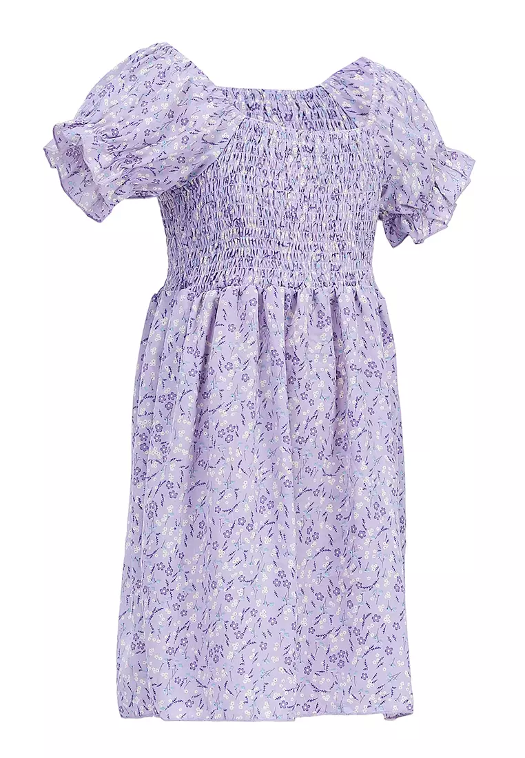 Bianca Gaun Anak Perempuan Flower Motive Kids Dresses Short Sleeve Material Cotton ORIGINAL - Purple