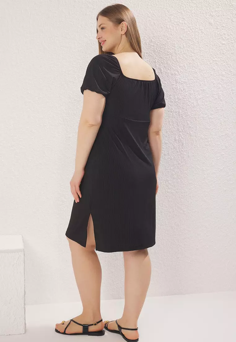 Black Button Detail A-Line Balloon Sleeve Knitting Plus Size Dress Tbbss25Ah00172