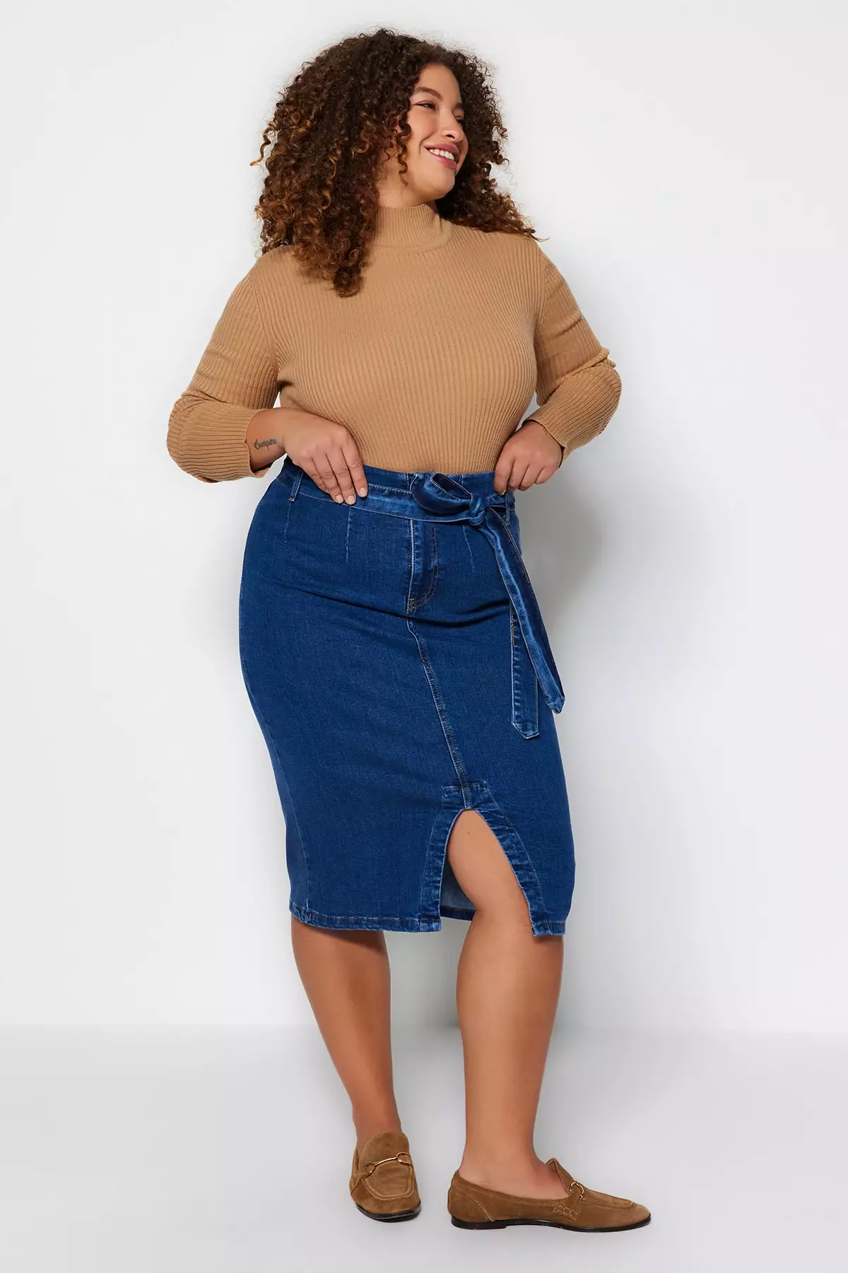 Plus Size High Waist Slit Denim Midi Skirt