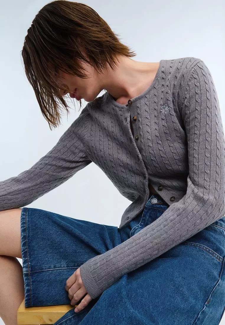 Ribbed Button Front Knit Cardigan - Grey