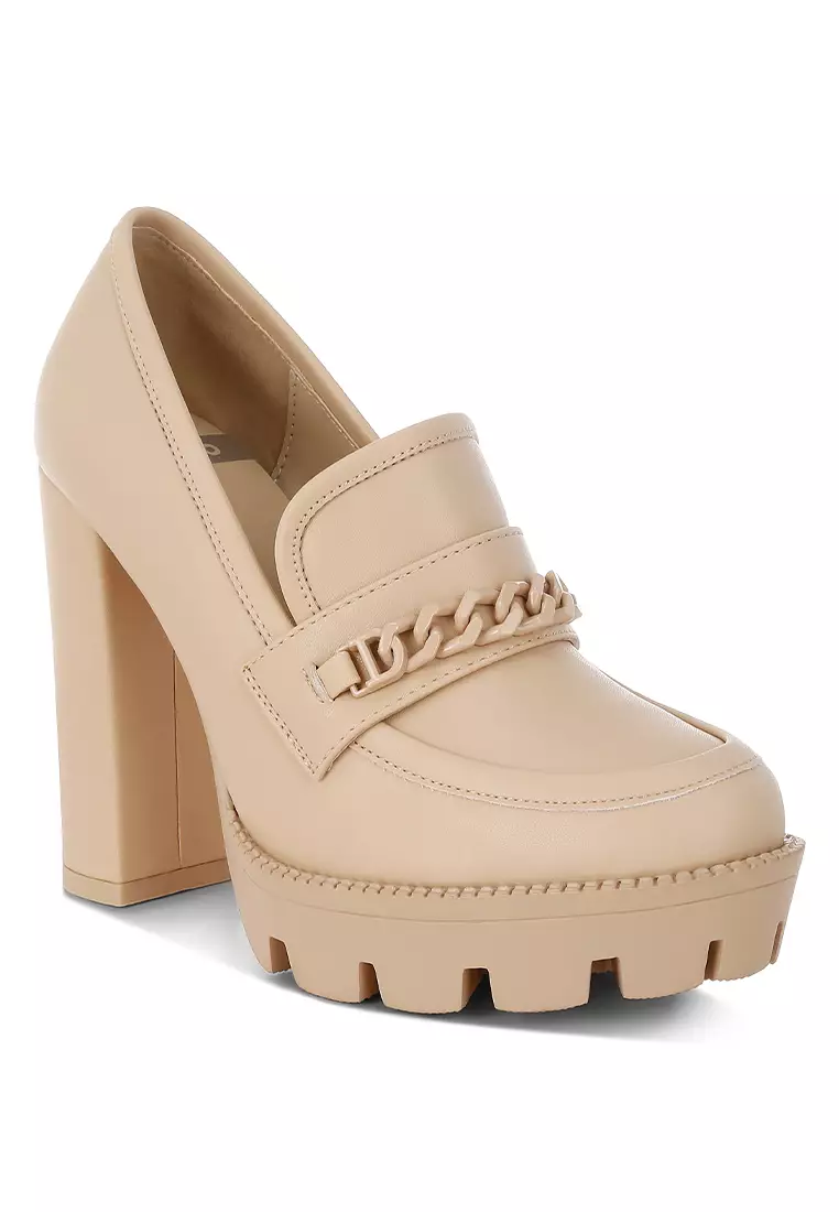 Chunky Chain Link Heeled Loafers in Beige