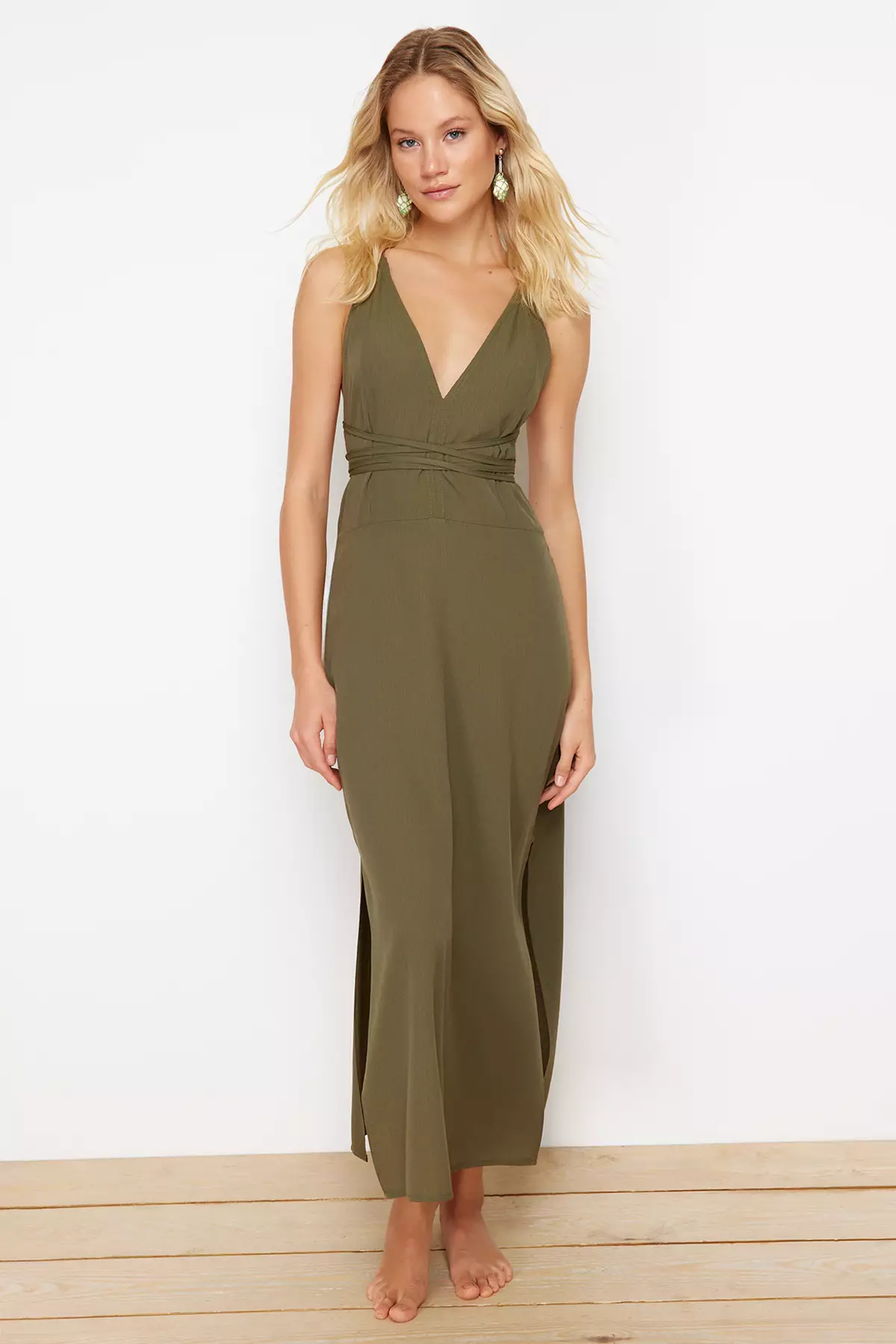 Khaki Midi Woven Backless Beach Dress