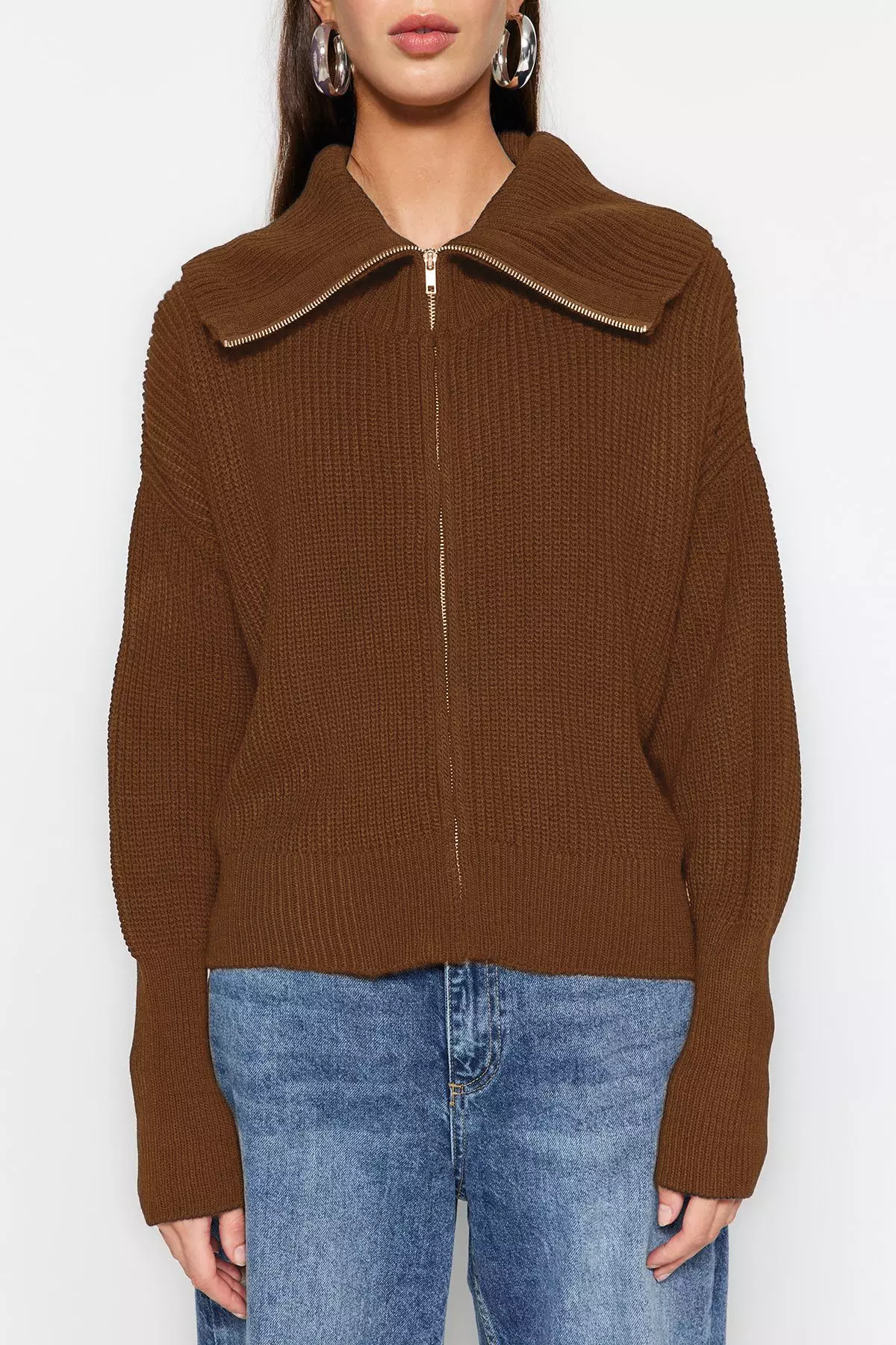 Light Brown Wide Fit Turn Down Collar Zipper Knitwear Cardigan