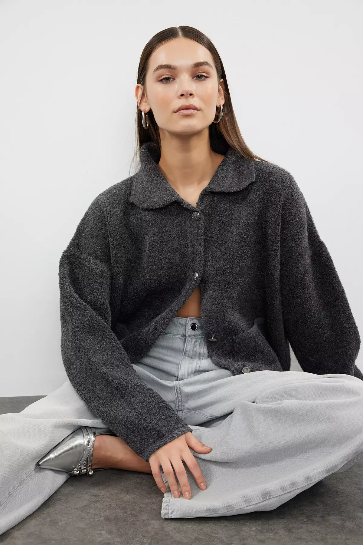 Polo Collar Boucle Knitwear Cardigan Anthracite Super Wide Fit