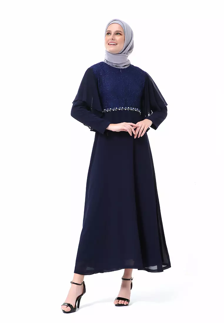 Hilda Dress Panjang Muslimah Wanita Long Sleeve High Quality Premium - Navy