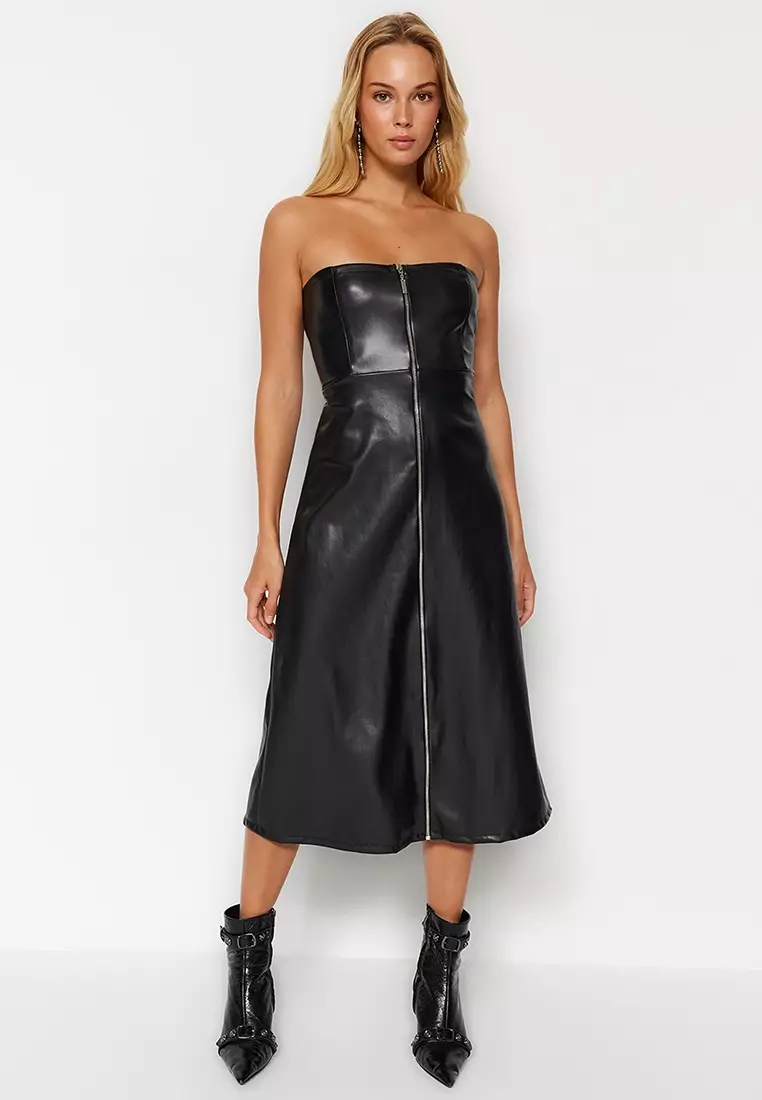 Faux Leather Strapless Midi Dress