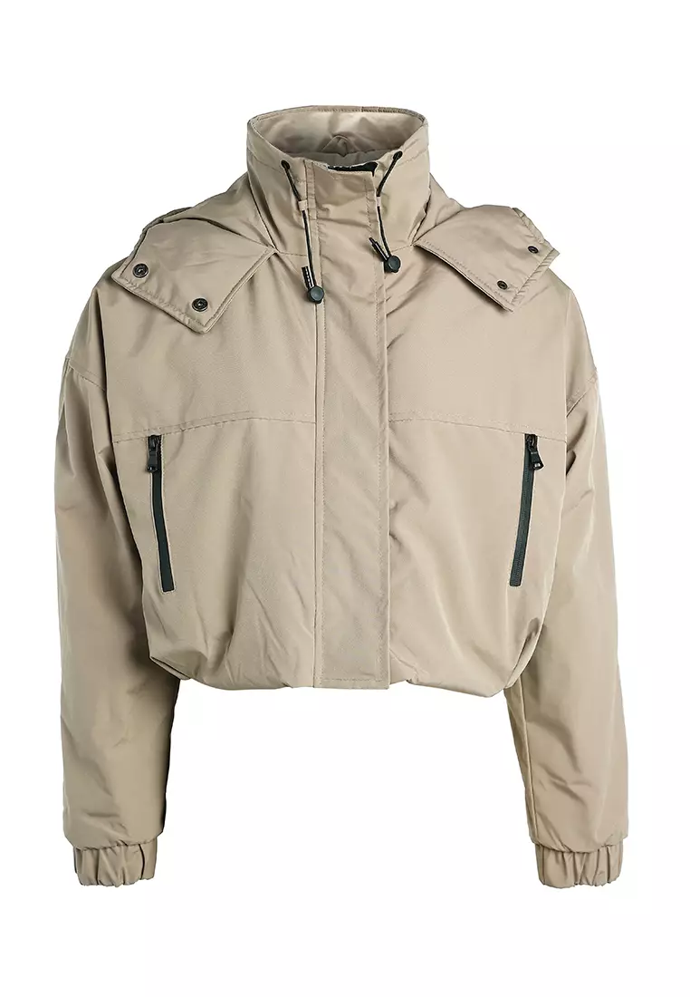 Drawstring Cropped Woven Jacket in Khaki