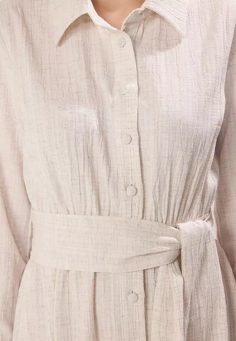 Beige Belted Woven Shirt Dress Tctss25Eb00068